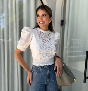 Blusa Cropped Laise Lastex Manga Bufante