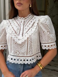 Blusa Cropped Laise Manga Bufante Branca