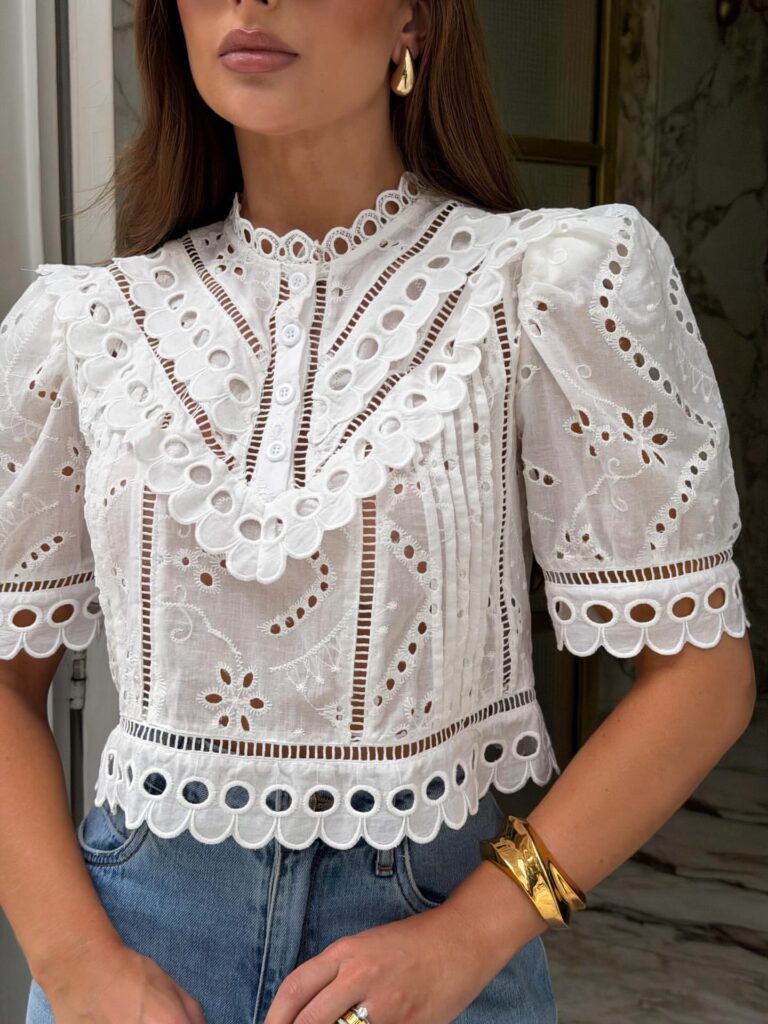 Blusa Cropped Laise Manga Bufante Branca