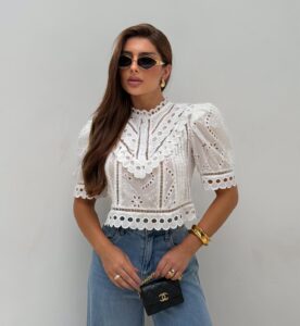 Blusa Laise Gola Alta Manga Bufante Branca