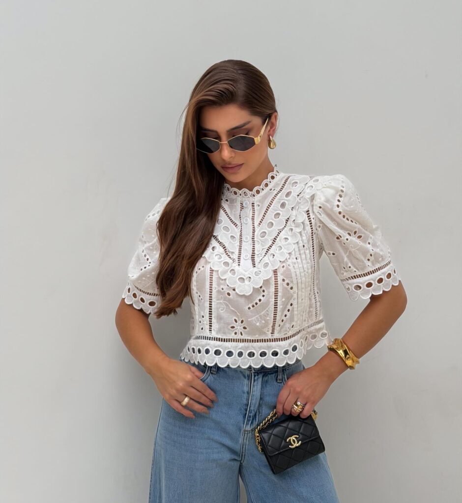 Blusa Laise Gola Alta Manga Bufante Branca