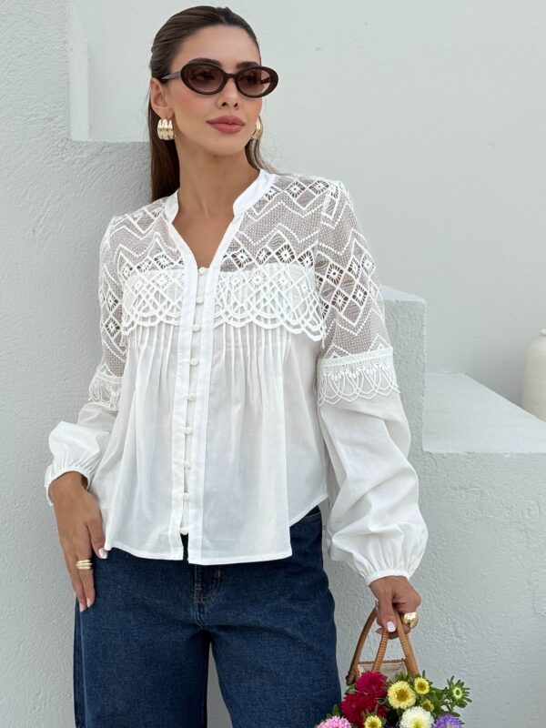 Camisa Laise Manga Longa com Renda Branca
