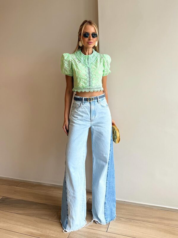 Cropped Laise Manga Bufante Verde Menta