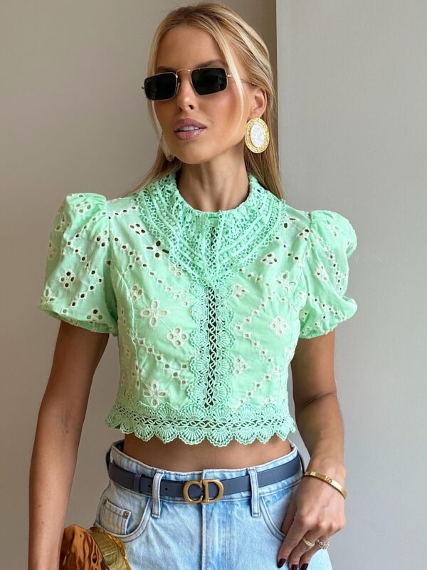 Cropped Laise Manga Bufante Verde Menta