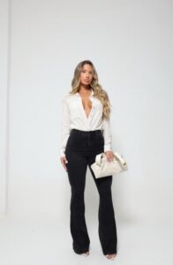 Calca Flare Jeans Preto Estonado