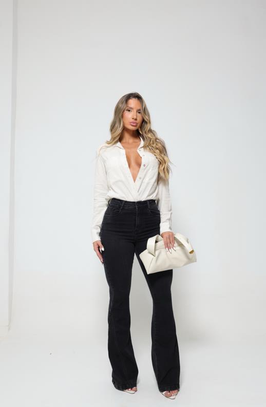 Calca Flare Jeans Preto Estonado