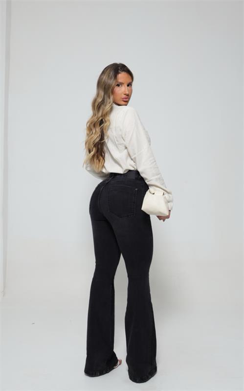 Calca Flare Jeans Preto Estonado