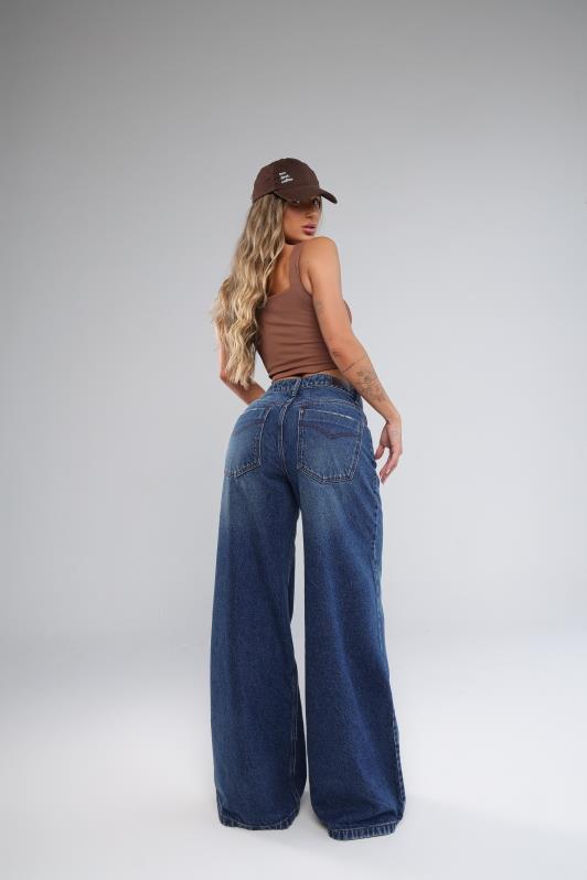 Calca Palazzo Jeans Escuro