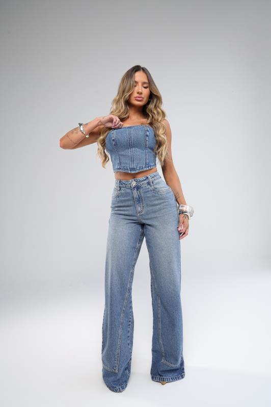 Calca Wide Leg Jeans Cargo